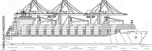 Black and White Vector Illustration of Container Ship with Cranes, Stacked Cargo, Ocean Waves, Industrial Vessel Design, Maritime Transport Scene