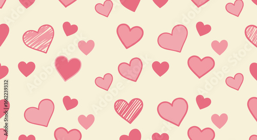Cute seamless heart pattern in pink with hand-drawn style on cream background