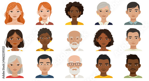 Diverse avatar collection featuring various ethnicities and ages in flat style