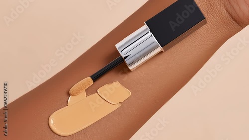 Application of liquid foundation on skin, showcasing smooth texture and blending technique, highlighting beauty product effectiveness and skin enhancement in a seamless motion sequence
