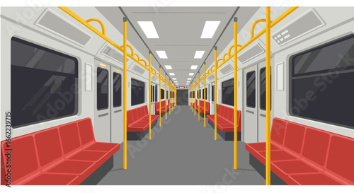 Empty subway interior with red seats and yellow poles in flat design