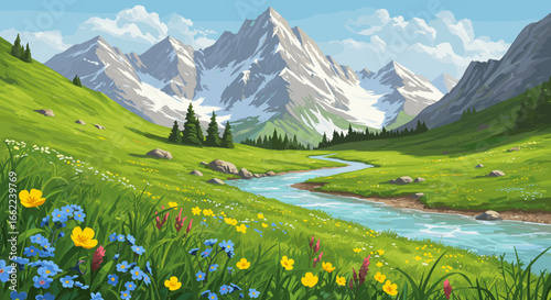 Tranquil mountain landscape with colorful wildflowers and serene stream