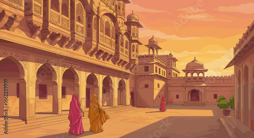 Sunset in historic palace courtyard with traditional clothing and architecture