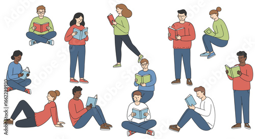 Diverse people relaxing and reading books in casual outfits