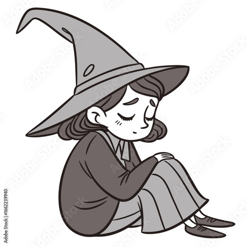 Grayscale Witch Sitting Illustration for Halloween Design