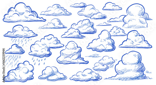 Hand-drawn sketch of various clouds in vintage style
