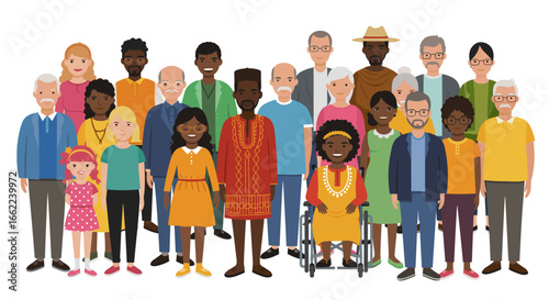 Diverse group of people of different ages and cultures in flat style