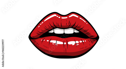 Bold red lips with glossy shine on white background