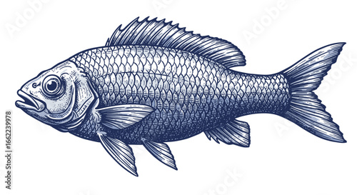 Detailed engraved fish artwork: vintage aquatic design in blue
