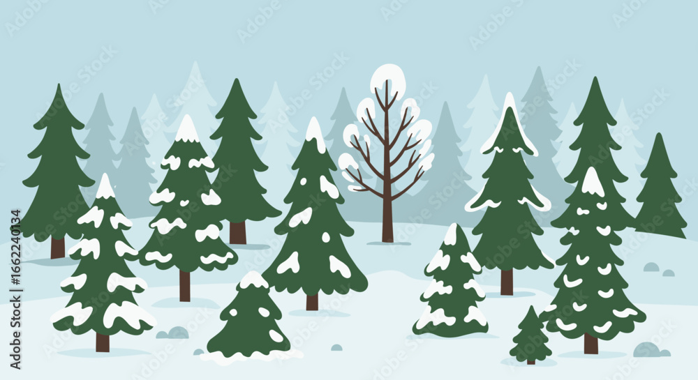 Fototapeta premium Winter wonderland: snow-covered evergreen trees in a flat cartoon style forest