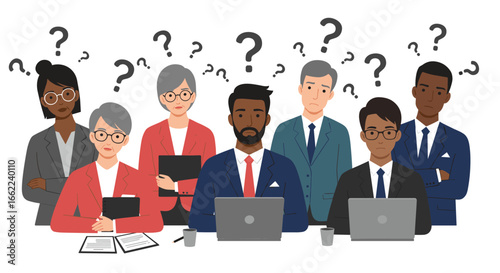 Diverse office team pondering solutions with question marks above in flat design
