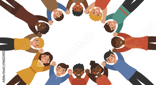 Diverse group of children lying in a circle with smiles and hands on heads