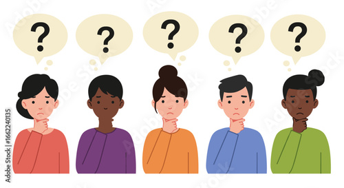Diverse people pondering with question marks in thought bubbles