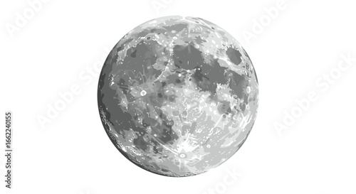 Realistic full moon on white background with detailed surface craters