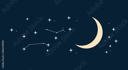 Crescent moon and starry night sky with constellations on deep blue background
