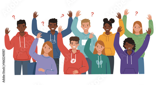 Diverse group of people raising hands with question marks in a flat style illustration