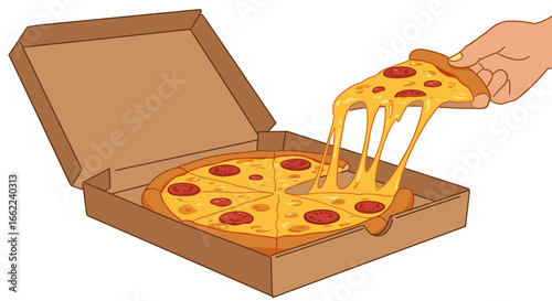 Hand taking slice from pizza box with melted cheese and pepperoni