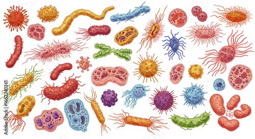 Colorful microorganisms: cartoon bacteria and viruses collection
