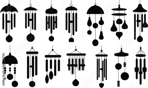 set of wind chimes front view, decorative hanging chimes, metal tube chimes, garden decor, outdoor ornament, musical chimes, vector flat illustration, home decoration design