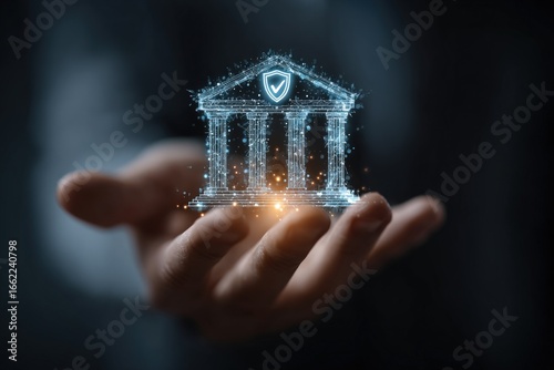 A person's hand cradles a glowing, digital representation of a classic building with pillars and a shield above