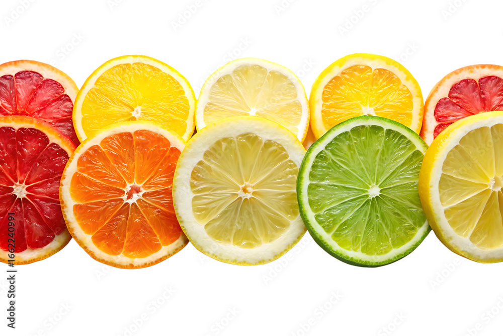Fototapeta premium Assortment of fresh citrus fruit slices including grapefruit, orange, lemon, and lime, isolated on transparent background