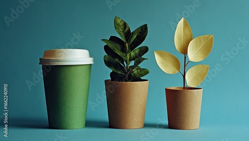 Three containers, including a green disposable coffee cup and two light brown plant pots with vibrant foliage, arranged against a teal background