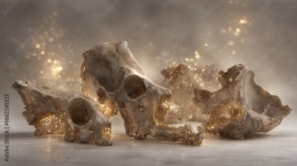 Obraz premium Golden Hour Fossil Fragments of Javanthropus in Artistic Display with Sparkling Effects