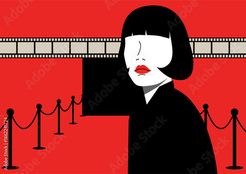 Stylish woman on a red carpet entrance with film strip in a flat illustration. Cinema event or entertainment concept visual.