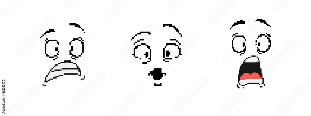 Obraz premium Three pixel art emoji faces express emotions: surprise, reflection, and shouting in mosaic style.