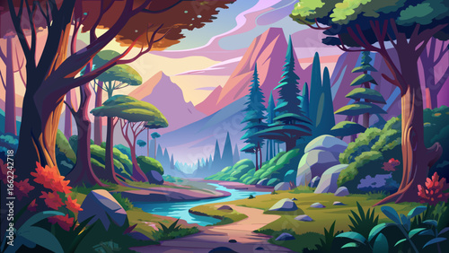 Artistic conception of beautiful landscape painting captures nature of forest, background illustration glowing softly, tender design unfolding gracefully, dreamy vision shimmering, tranquil light whis