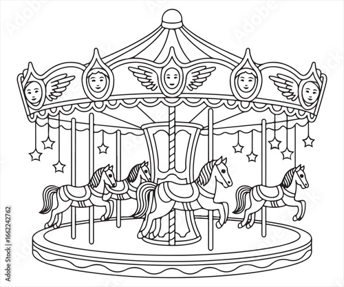Amusement Park Carousel with Horses and Magical Angelic Faces