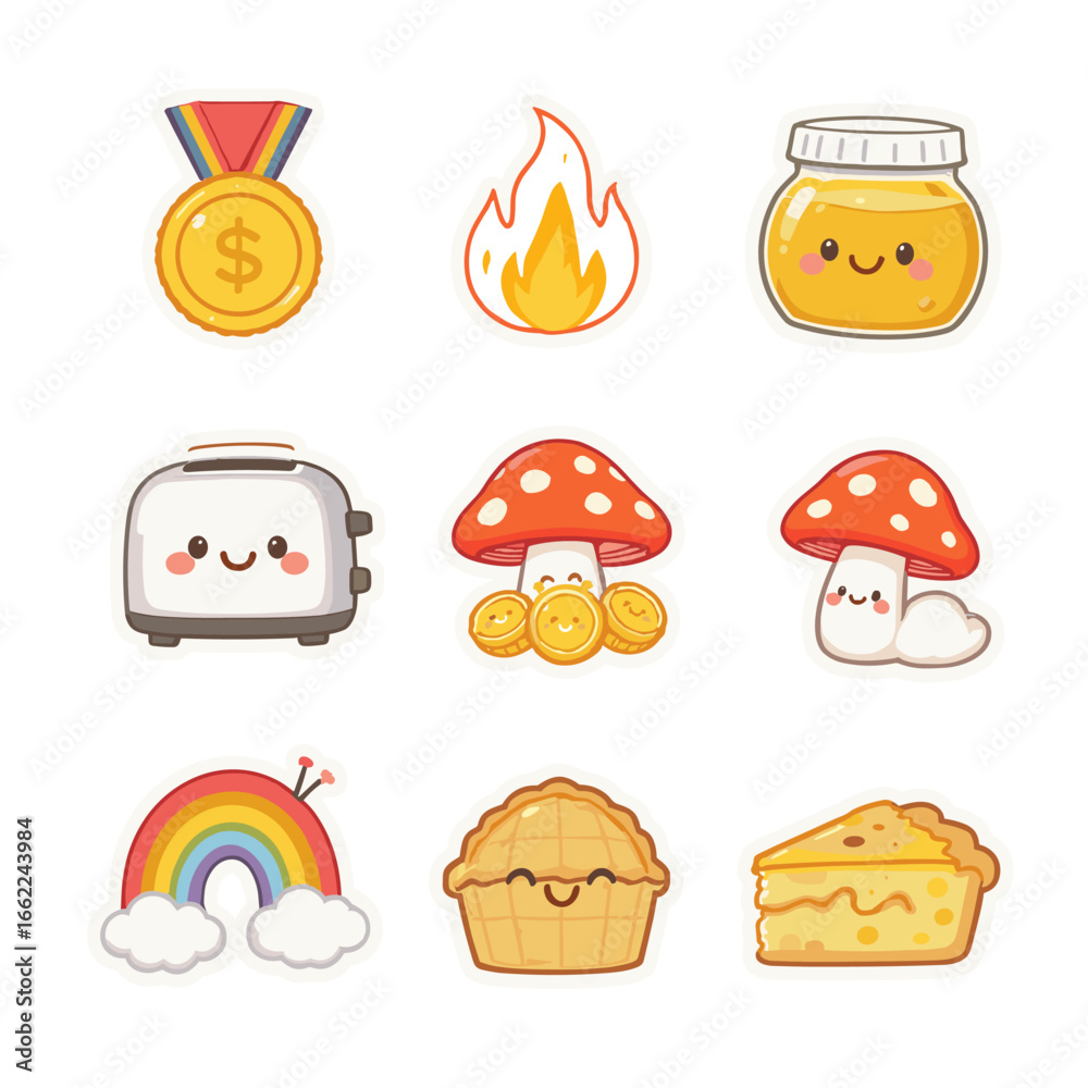 Fototapeta premium Collection of cute stickers featuring a medal, flame, honey jar, toaster, mushrooms, rainbow, and pies