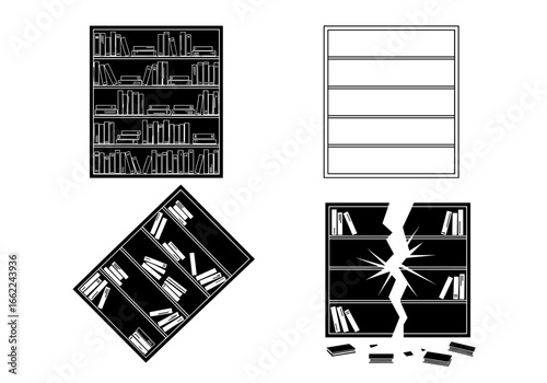 Four bookshelves are displayed in different states in a single frame illustration image view art
