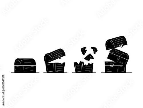 A sequence of treasure chests depicting stages from closed to completely shattered and broken apart