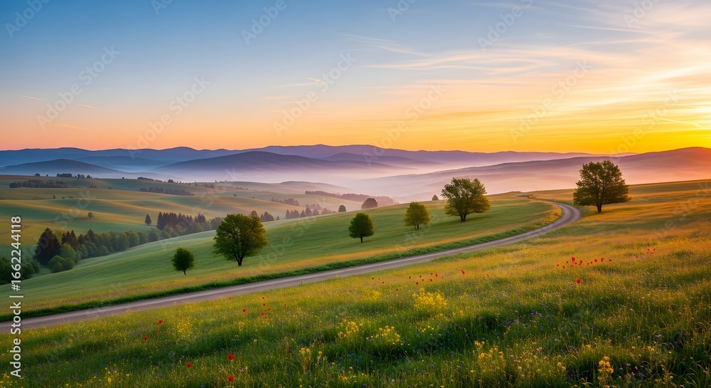 Obraz premium Picturesque landscape of rolling hills with a road at sunrise