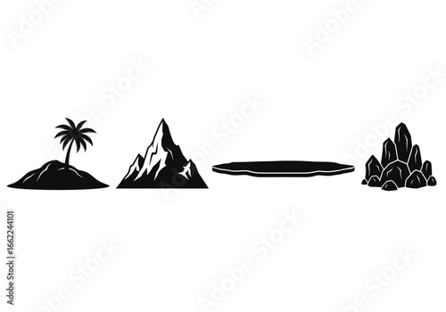 Four nature icons depicting a tropical island mountain plateau and rock formation in a row illustration