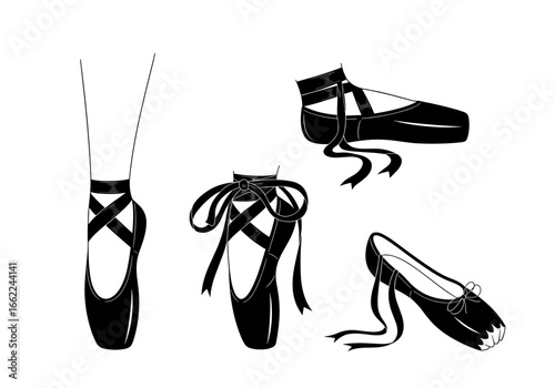 Illustrated ballet shoes in various poses with ribbons and one on a foot for dance practice art