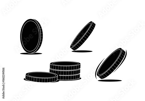 Illustration of several coins in different orientations and stacked on a white presentation