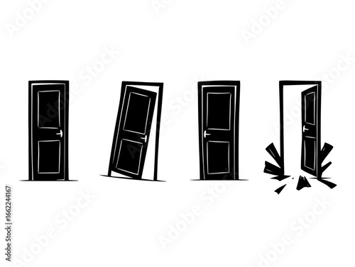 Four doors in various states of opening and closing displayed in a sequential illustration style