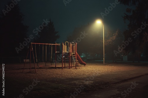 Eerie Playground at Night: Swings, Slide, and Streetlight Glow