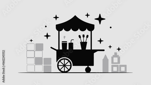 A black and white illustration of a food cart with drinks and stars around it on a light background