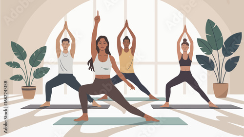 A group of people doing yoga poses in a bright studio with plants and large windows in the background