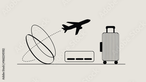 A simple illustration of an airplane taking off with luggage and a generic device on a light background