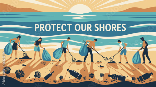 People cleaning up trash on a beach with rakes and bags under a bright sun and the words protect our shores