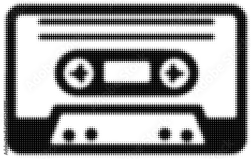 Retro cassette tape in halftone black and white graphic art style. Vector illustration