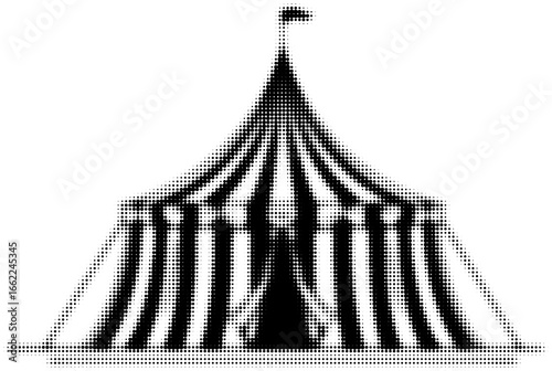 Circus tent with striped pattern and flag in black and white. Vector illustration