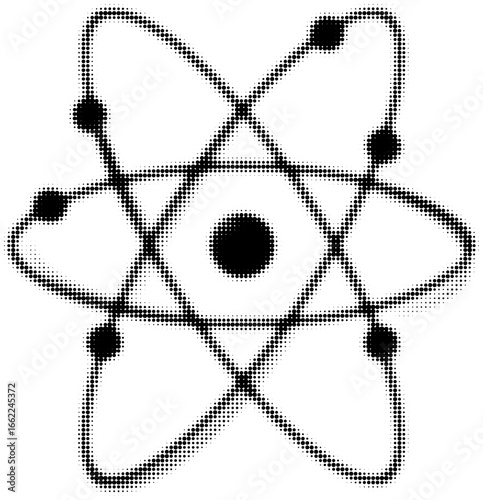 Atom icon in halftone pattern with orbiting electrons, abstract design. Vector illustration