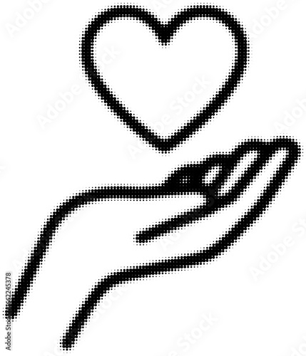 Hand with heart icon in black, concept of giving. Vector illustration