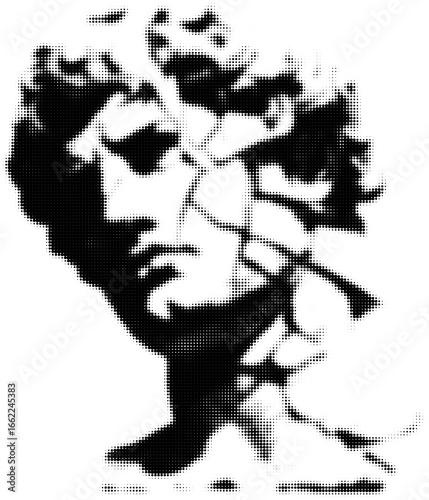 Halftone black and white statue head with fragmented pattern art. Vector illustration