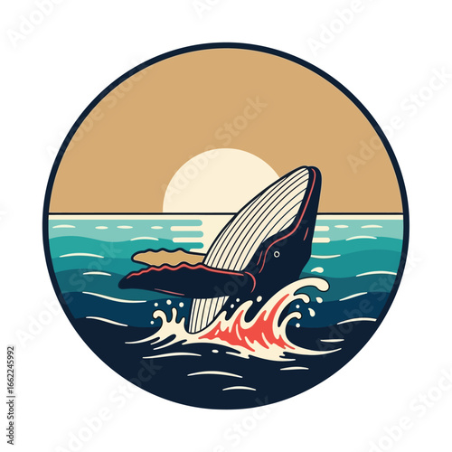 Humpback whale breaching at sunset, ocean waves, circular design.
